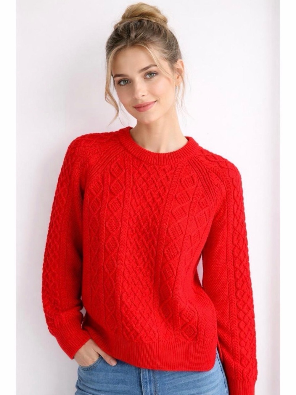 J. Crew Red Cable-Knit Crewneck Cotton Sweater